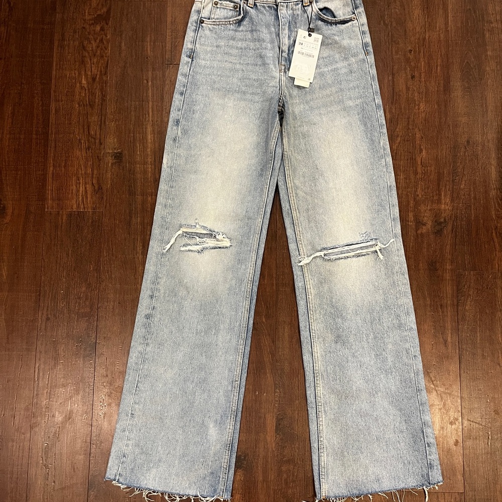 ZARA NWT Women's Full Length High Rise The 90’s Wide Leg Raw Hem Jeans Size 34